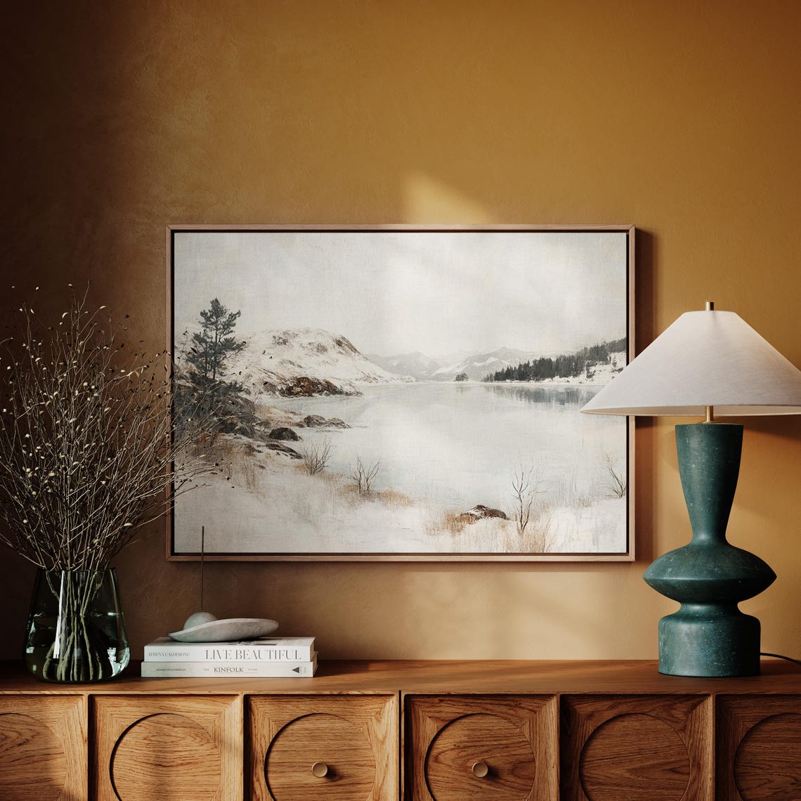 Serene Snowy Mountain Lake Winter Calm Minimalist Landscape Wall Art - Image 7