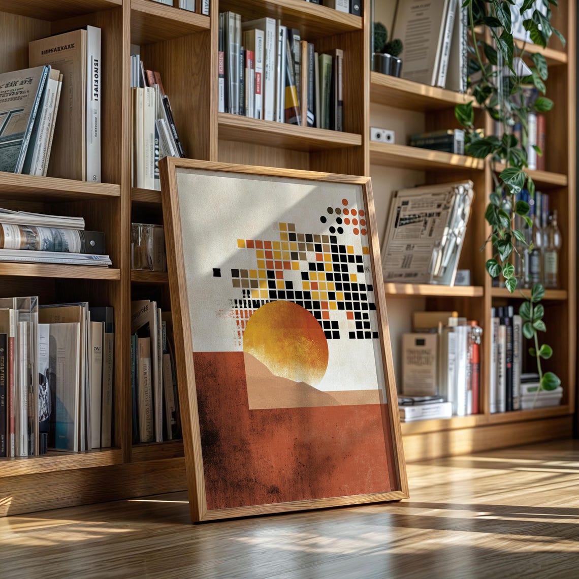 Bold Geometric Pixel Sunset Desert Sun Modern Retro Wall Art