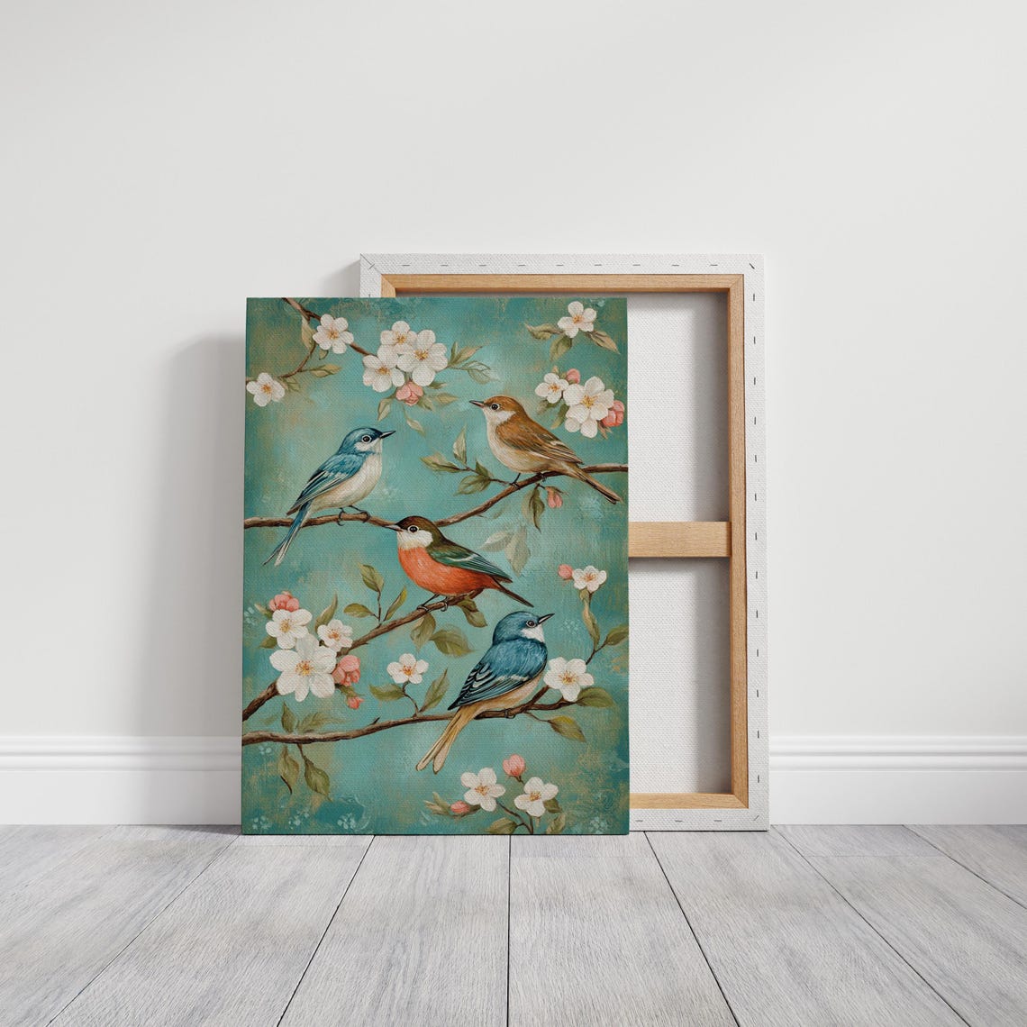 Colorful Songbirds On Blossoming Branches Teal Floral Quartet Poster - Image 3