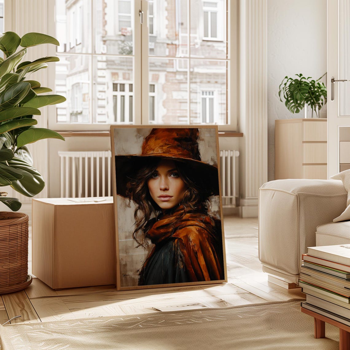 Amber Hat Cowgirl Rust Scarf Light Background Painterly Western Poster