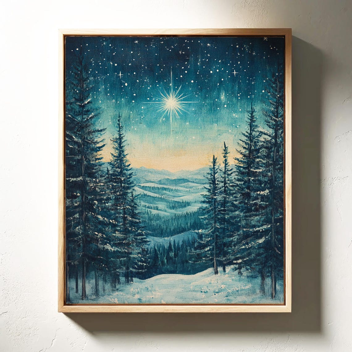 Christmas Star Over Snowy Pine Forest Night Winter Landscape Poster - Image 6