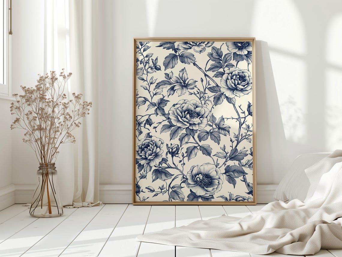 Blue And White Rose Floral Pattern Chinoiserie Botanical Poster