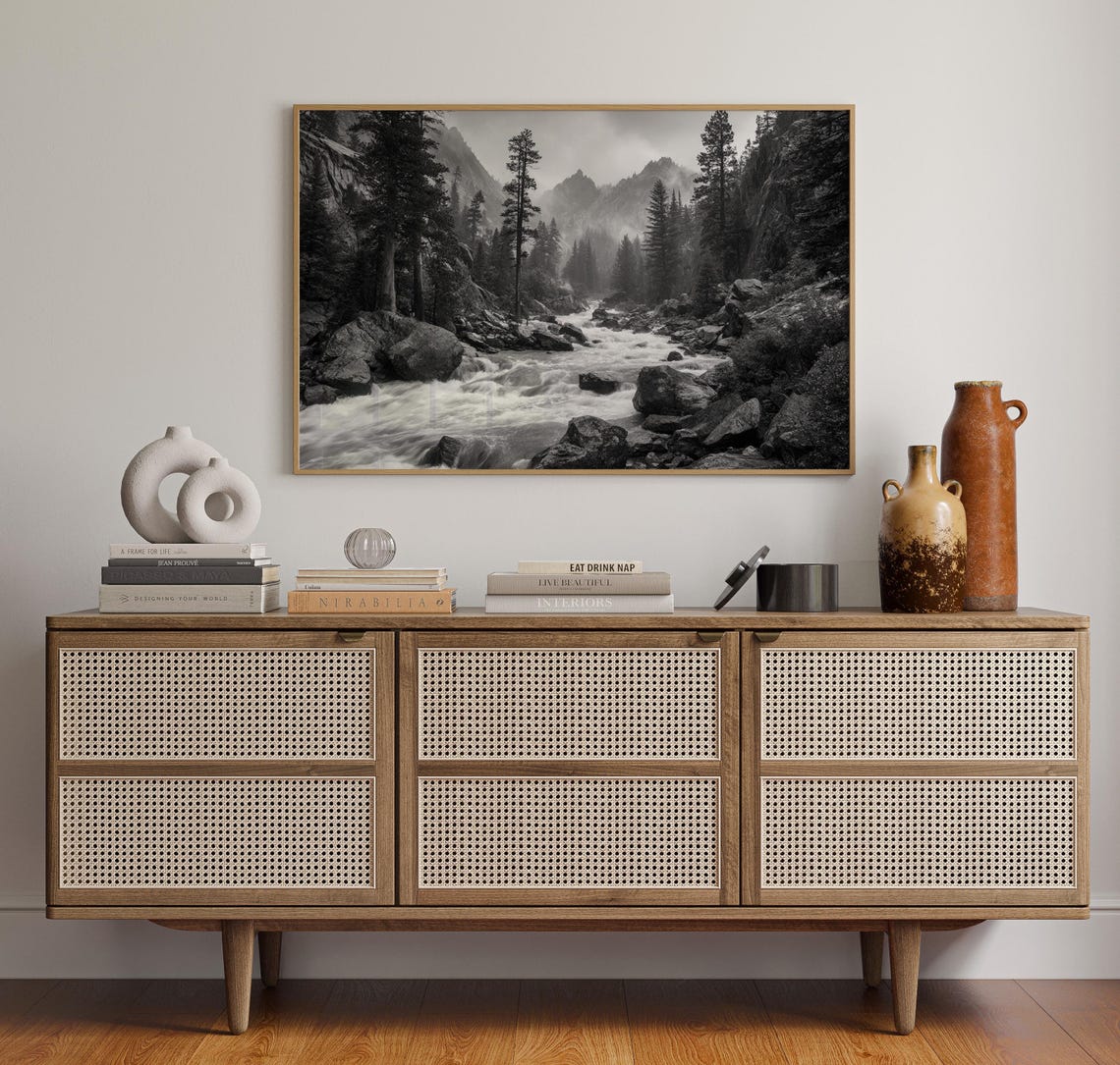Rushing Mountain Stream Rapids Black and White Forest Poster
