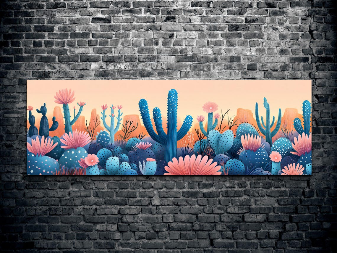 Desert Cactus Bloom Scene Pink Flowers Golden Sky Art Poster - Image 2