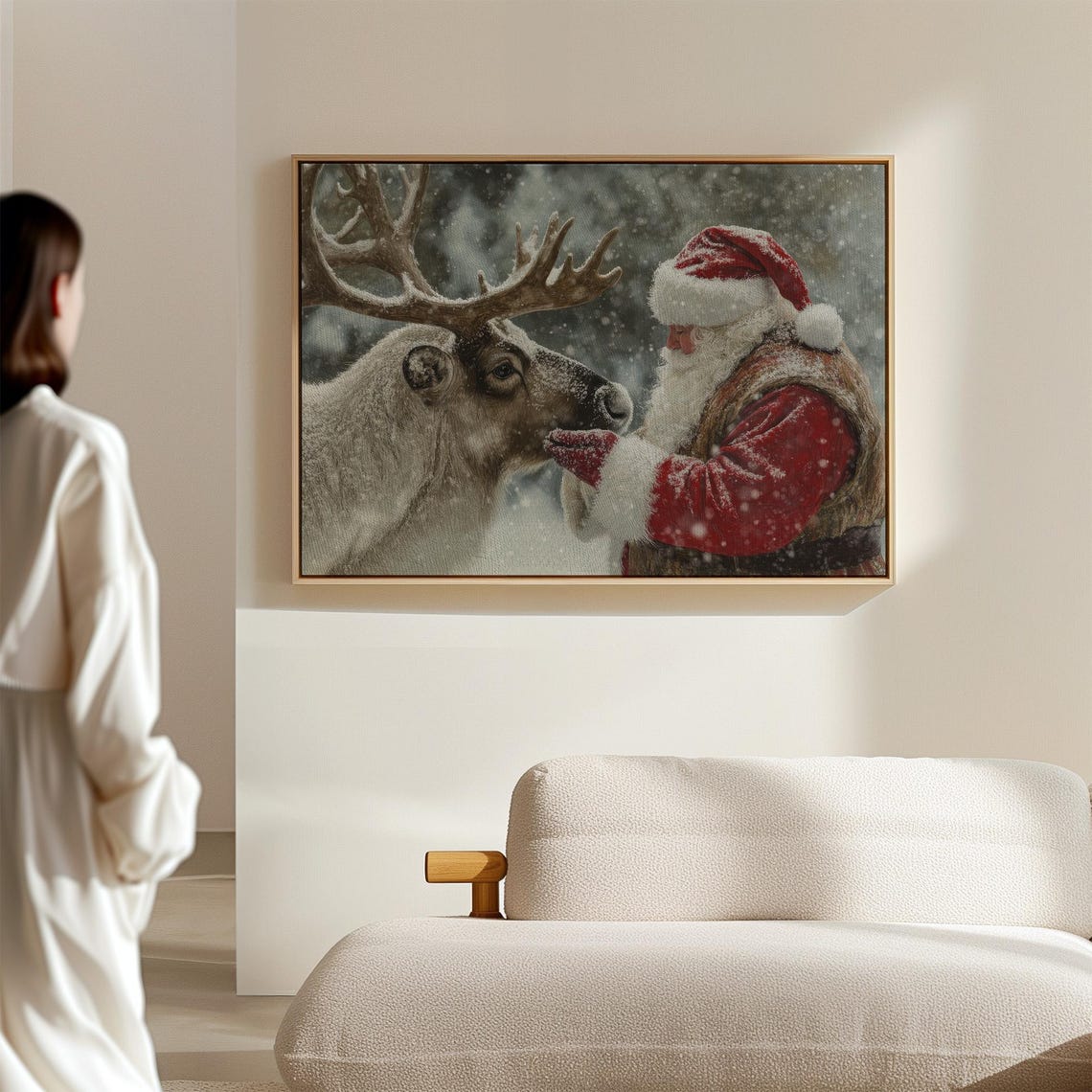 Santa Claus Feeding His Reindeer Nose To Nose In Falling Snow Poster - Image 7