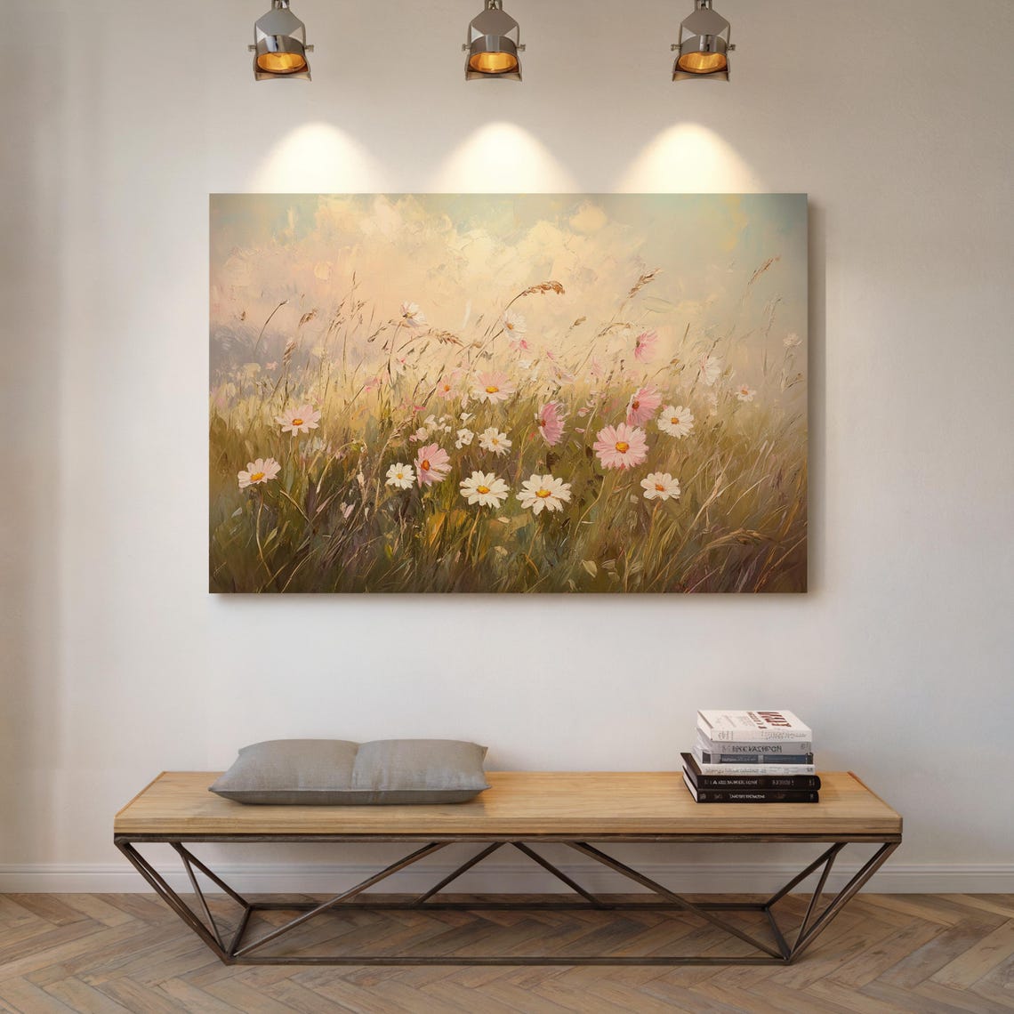 Pink Cosmos And White Daisies In Golden Meadow Light Wall Art - Image 6