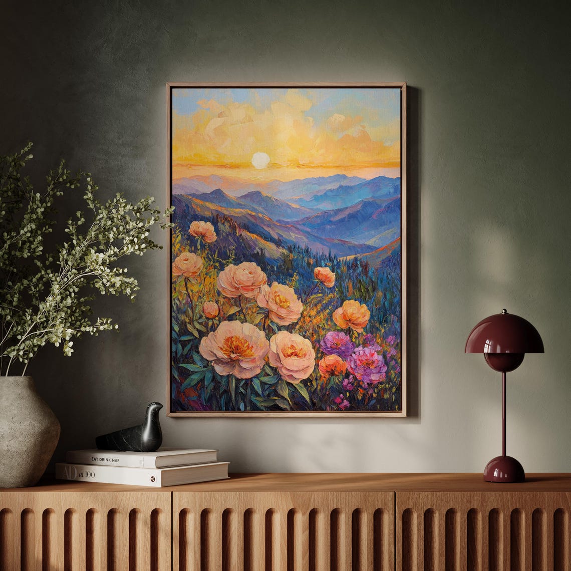 Sunset Mountain Peaks Peach Peonies Blossom Golden Hour Poster - Image 7