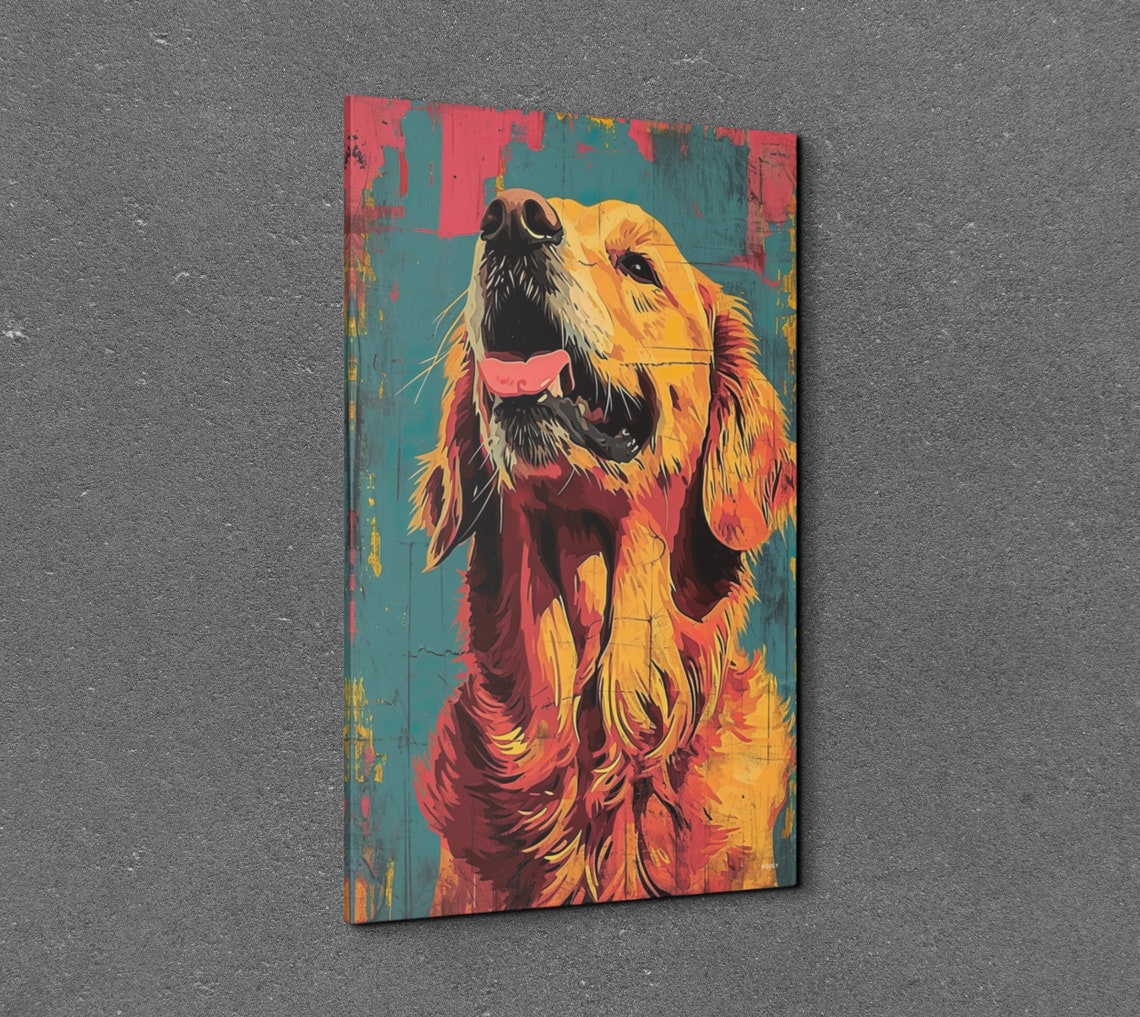 Joyful Golden Retriever Looking Up in Warm Pop Art Style Poster - Image 3