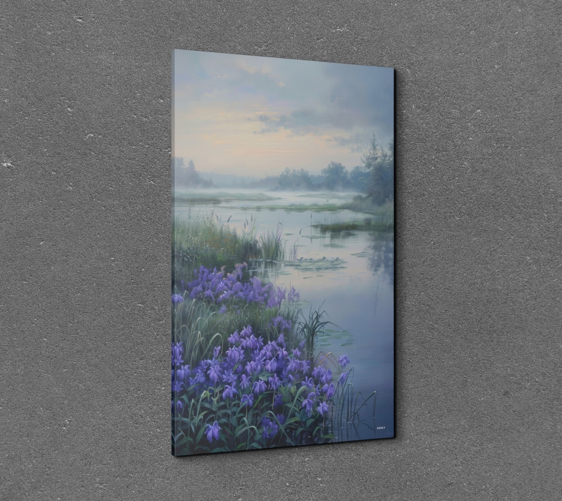 Purple Wildflower Meadow Along Misty River Nature Wall Poster - Image 2