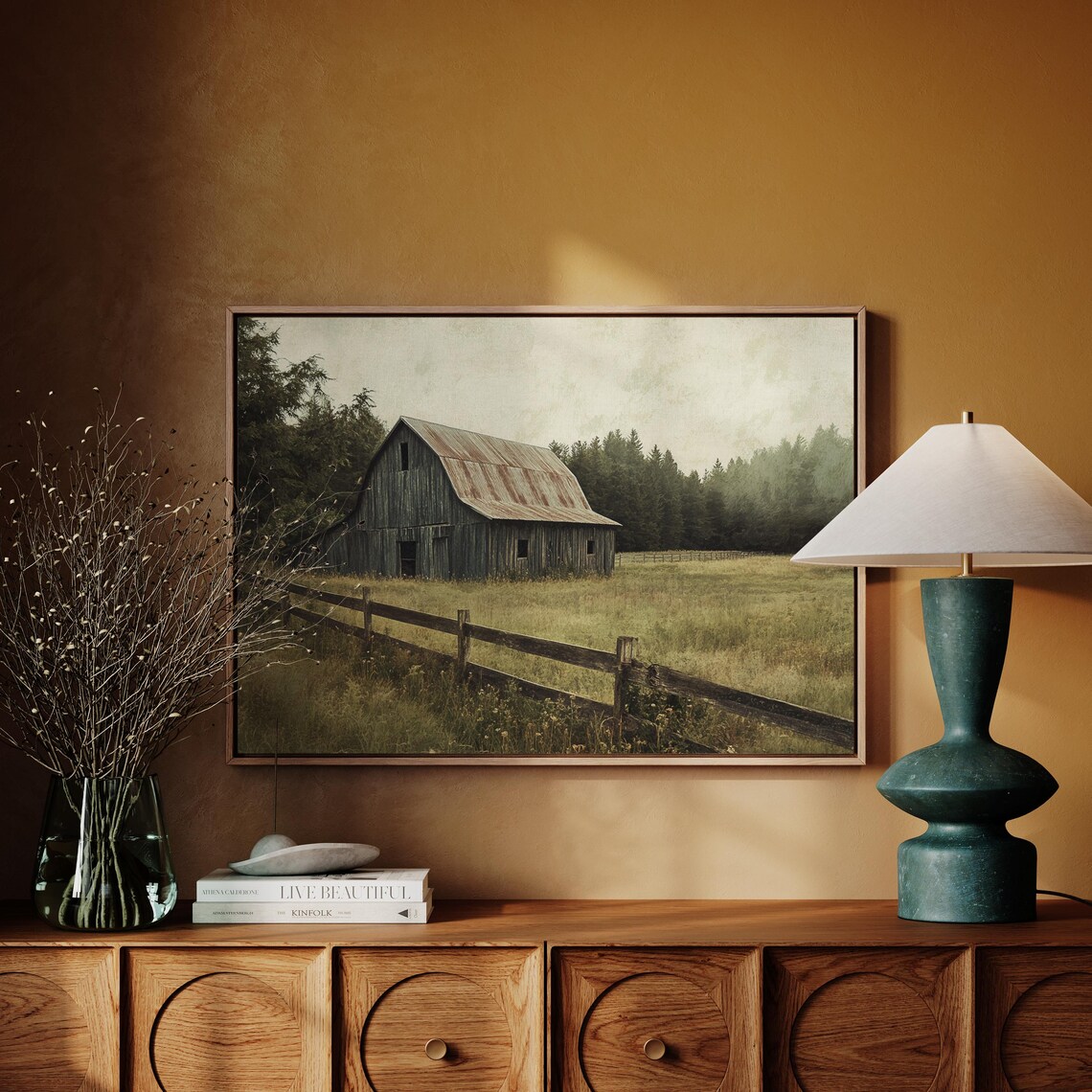 Rustic Blue Barn Vintage Rural Landscape Art Print - Image 3