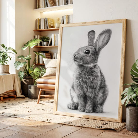 Realistic Rabbit Drawing Canvas Wall Art Black And White Bunny Illustration Detailed Animal Sketch For Farmhouse Nursery Nature Dcor