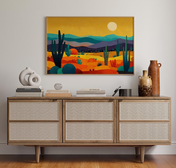 Bold Desert Sunset Saguaro Cactus Mountains Golden Sky Painting Poster