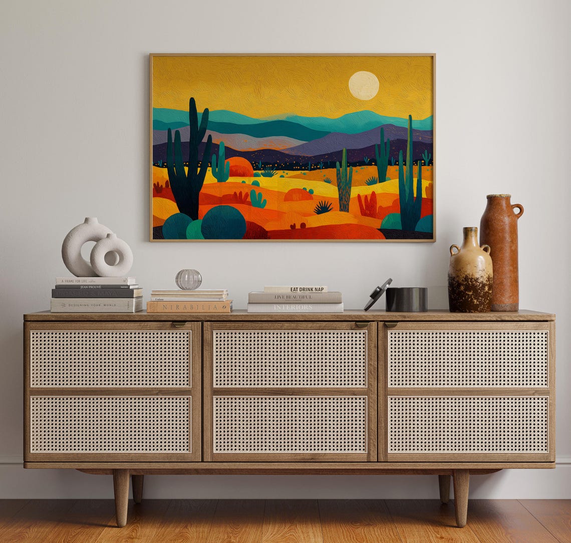 Bold Desert Sunset Saguaro Cactus Mountains Golden Sky Painting Poster