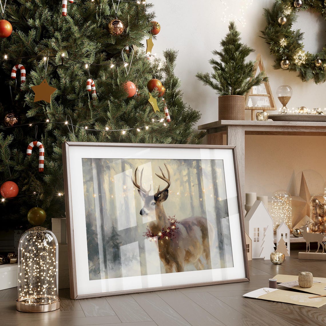Christmas Deer With Berry Garland Glowing Winter Forest Art Poster