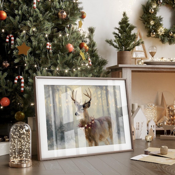 Christmas Deer With Berry Garland Glowing Winter Forest Art Poster