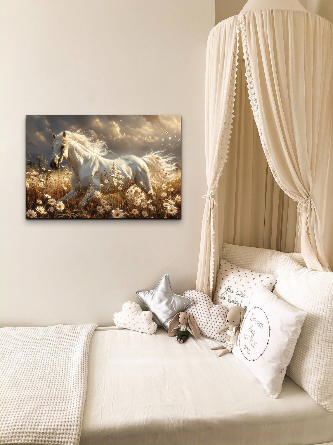 White Horse Galloping Daisy Field Golden Sunset Equine Poster - Image 3