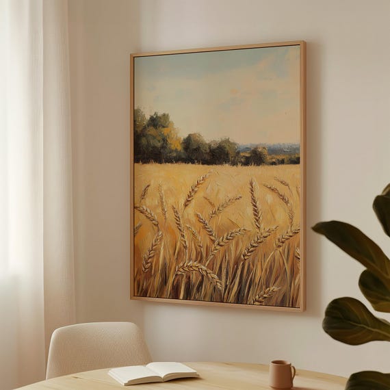 Golden Wheat Field Rustic Farmhouse Wall Art Vintage Countryside Painting Impressionist Harvest Landscape Print