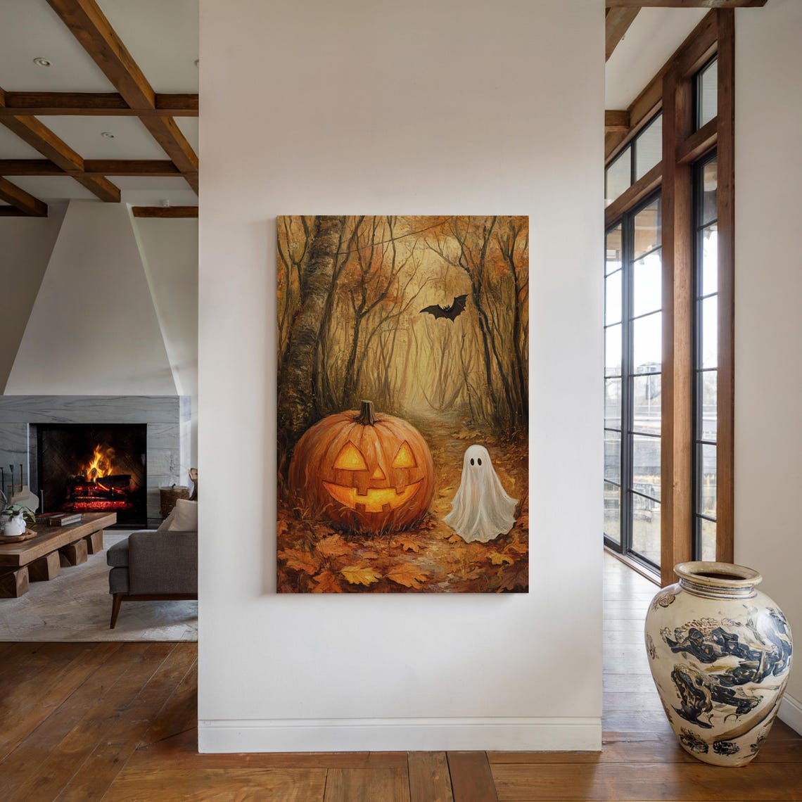 Glowing Jack O Lantern With Cute Ghost In Golden Autumn Woods Poster - Image 2