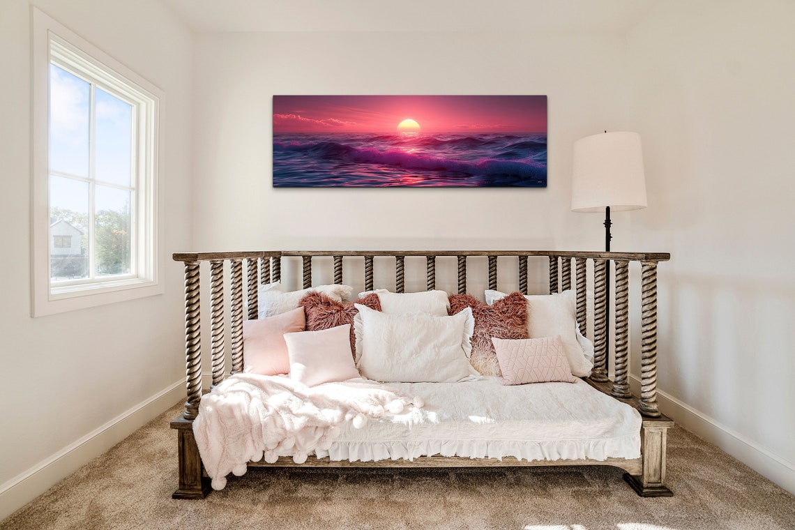 Pink Ocean Sunset with Waves Under Glowing Sun Panorama Wall Art - Image 5