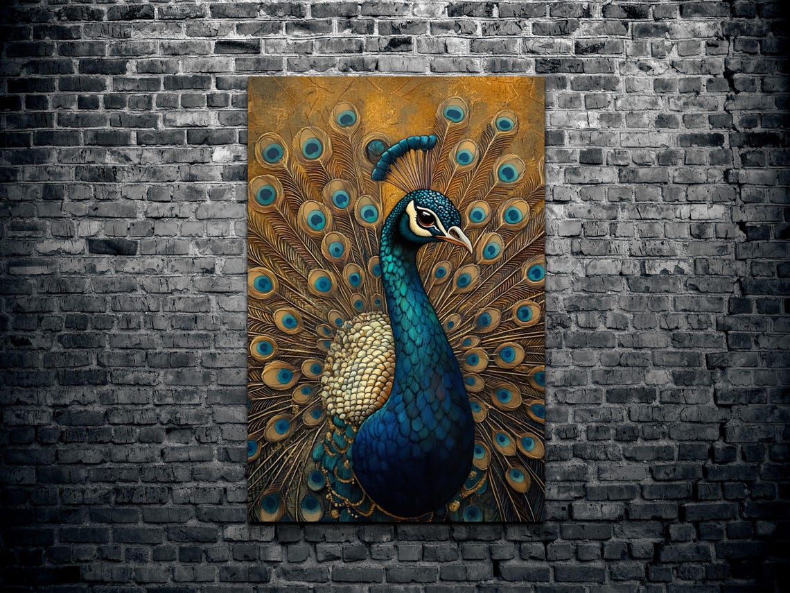 Peacock Profile Golden Background Ornate Bird Portrait Art Poster - Image 2