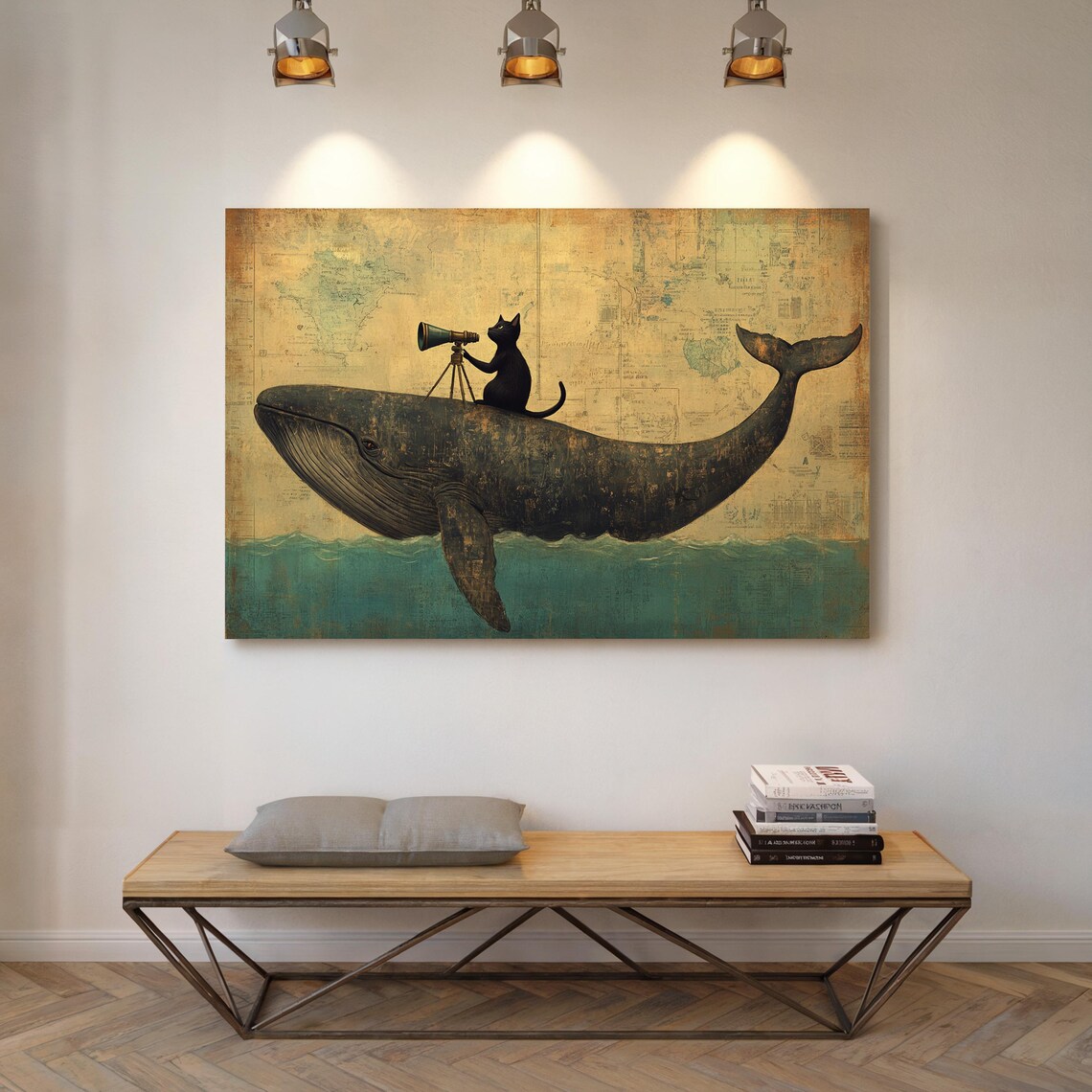 Whimsical Cat and Whale Adventure, Vintage Nautical Map - Image 4