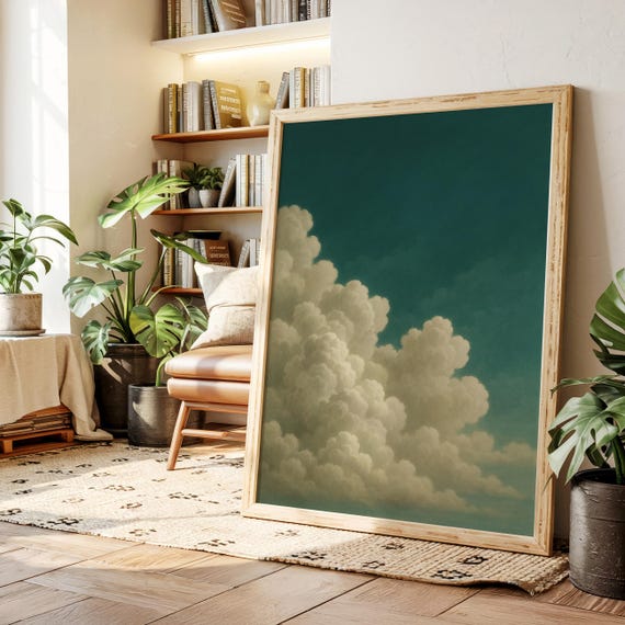 Puffy Cloudscape Canvas Wall Art Surreal Teal Sky Cloud Painting Minimalist Dreamy Nature Print For Calm Modern Decor