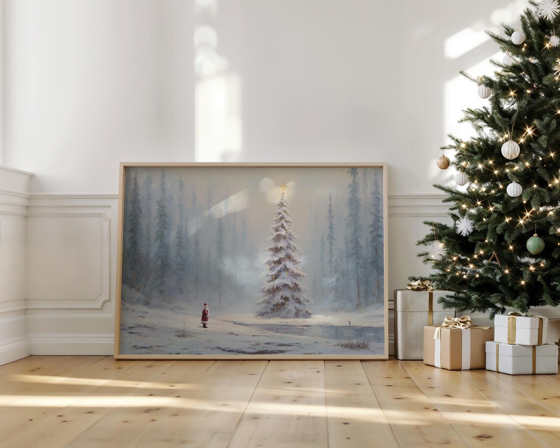 Santa In Misty Snowy Forest With Christmas Tree Vintage Painting Poster