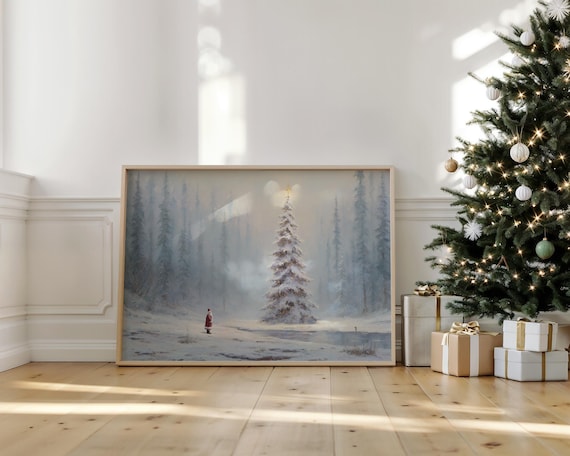 Santa In Misty Snowy Forest With Christmas Tree Vintage Painting Poster