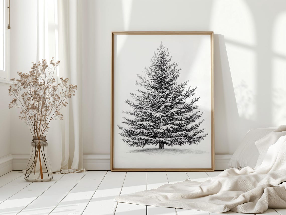 Snow Covered Pine Tree Black White Sketch Minimalist Winter Poster