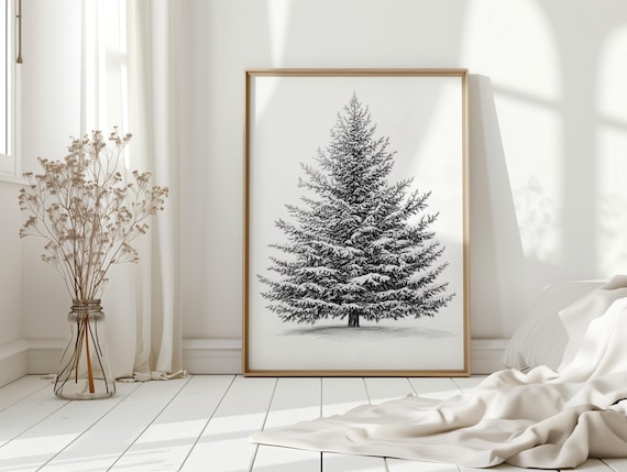 Snow Covered Pine Tree Black White Sketch Minimalist Winter Poster