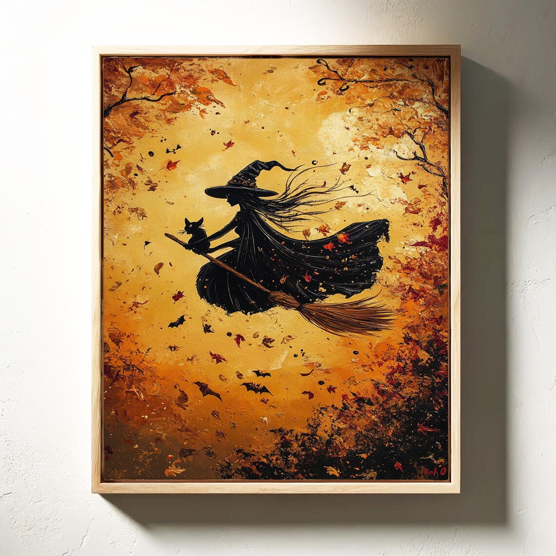 Witch Silhouette Broomstick Black Cat Autumn Gold Bats Halloween Poster