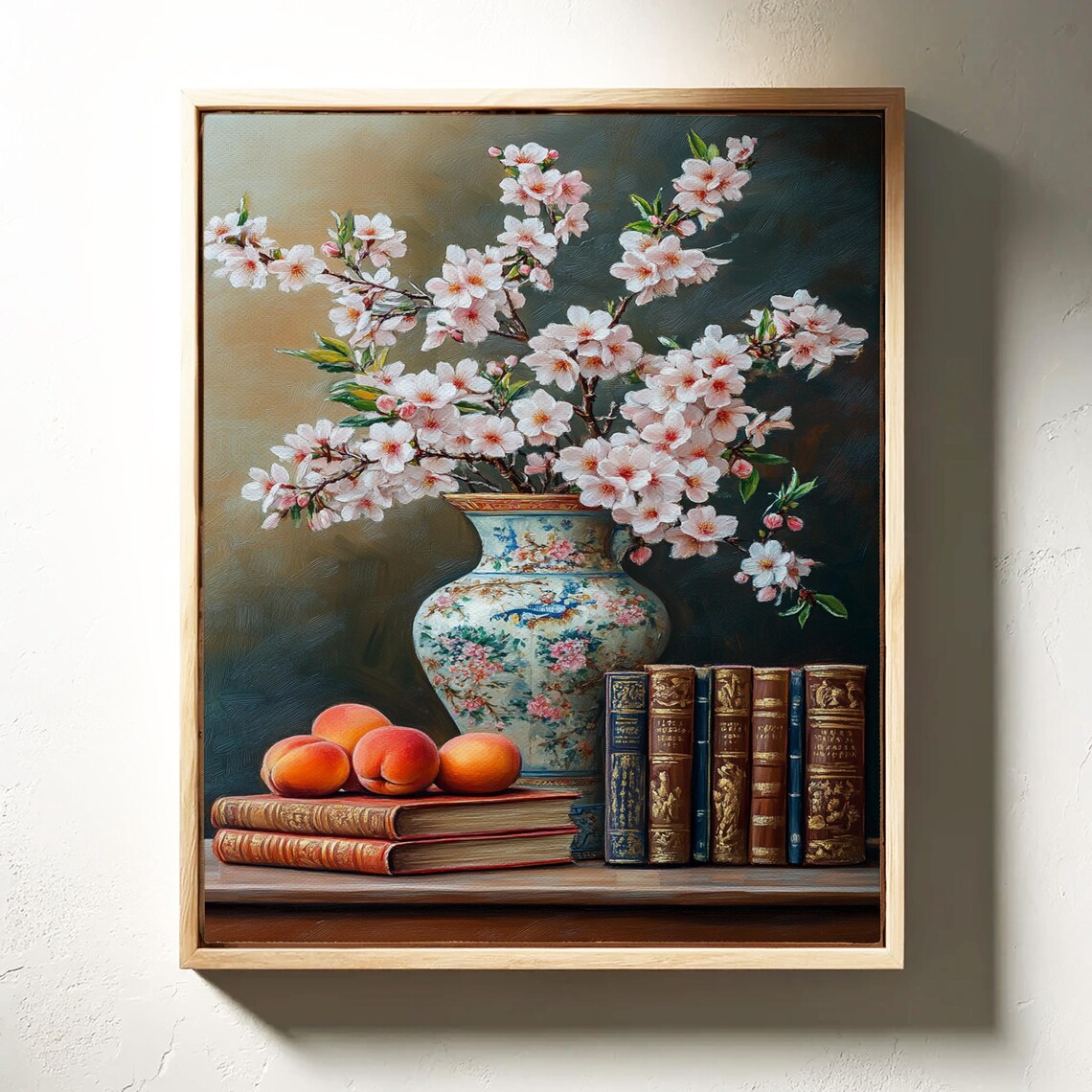 Cherry Blossom Vase Still Life Peaches Vintage Books Oil Art Poster - Image 6