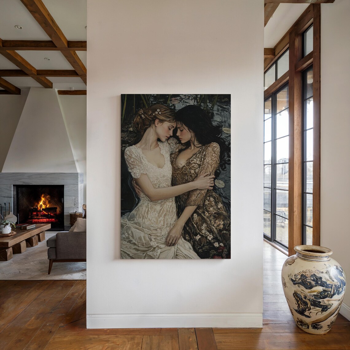 Romantic Embrace Women in Lace Dresses Intimate Vintage Oil Painting Poster - Image 4