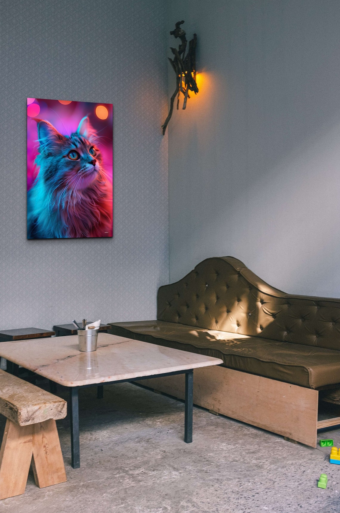 Long Haired Cat Neon Pink Blue Glow Portrait Moody Pet Poster - Image 3