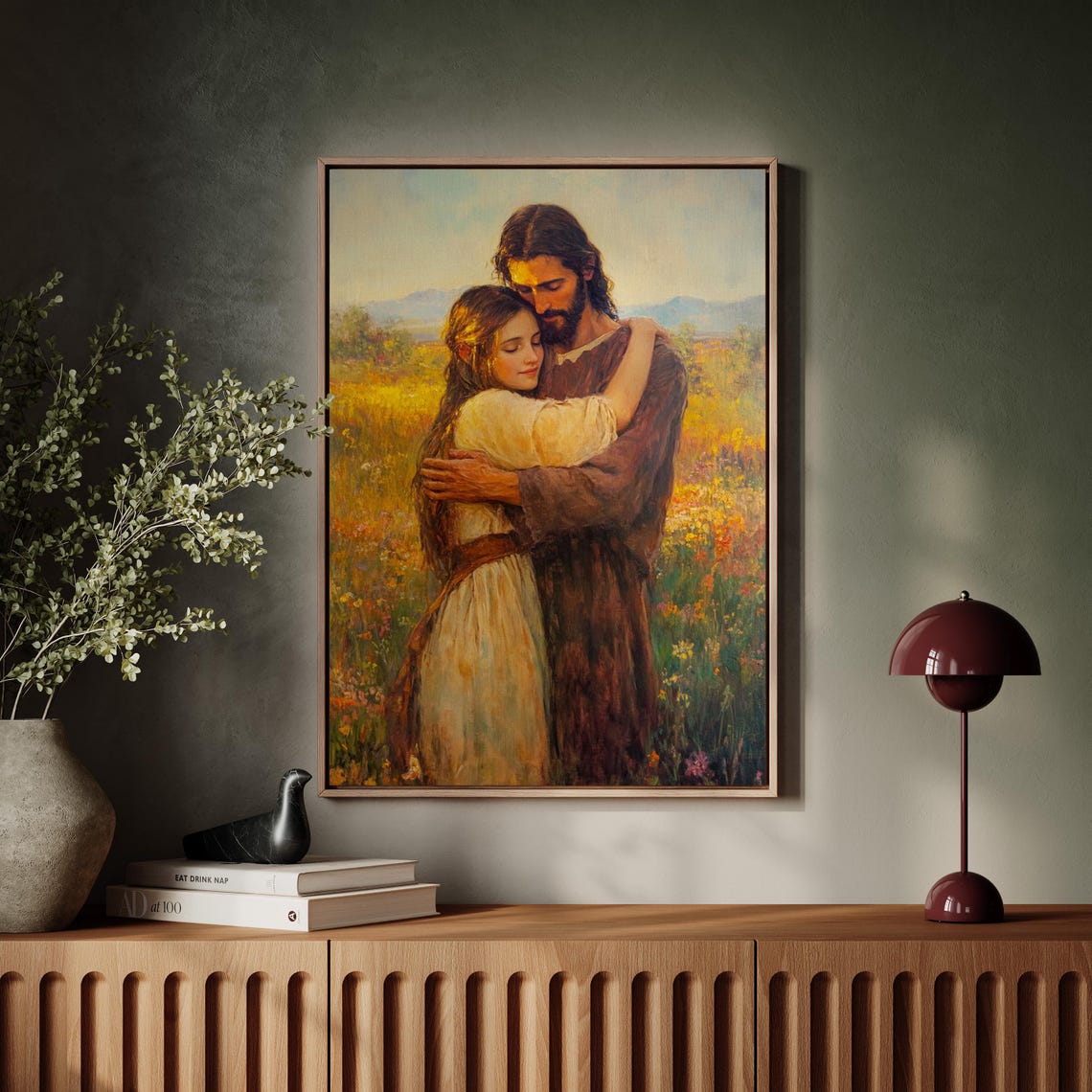 Jesus Embracing A Woman In A Field Of Flowers Heartfelt Christian Art Spiritual Wall Decor For Faithful Inspiration - Image 4