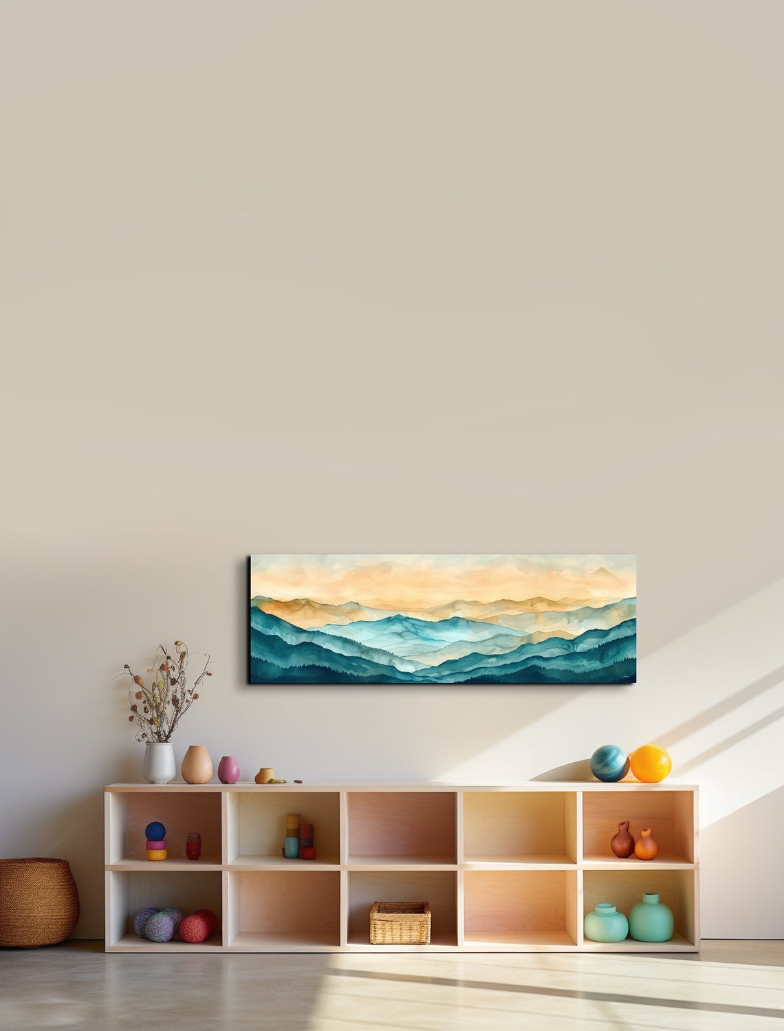 Misty Blue Mountains Watercolor Soft Sunrise Peaks Panoramic Wall Art - Image 7