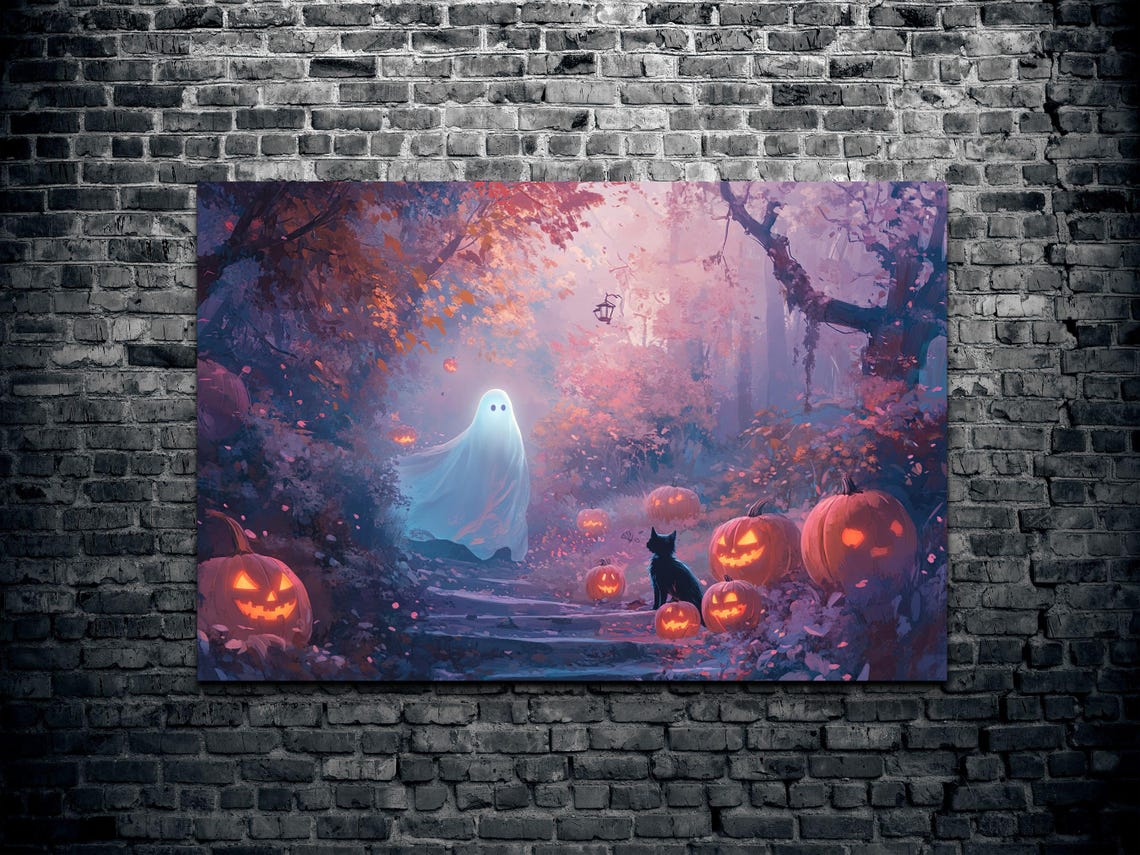 Ghost and Black Cat Jack O Lanterns Spooky Forest Night Poster - Image 2