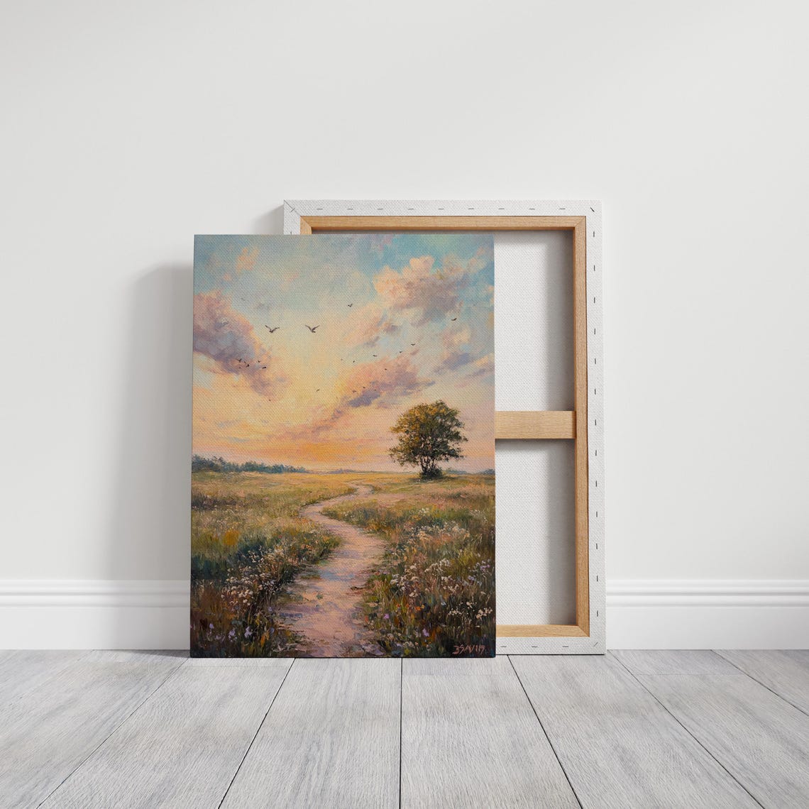 Serene Meadow Path At Sunset Vibrant Sky Birds Peaceful Art Poster - Image 3