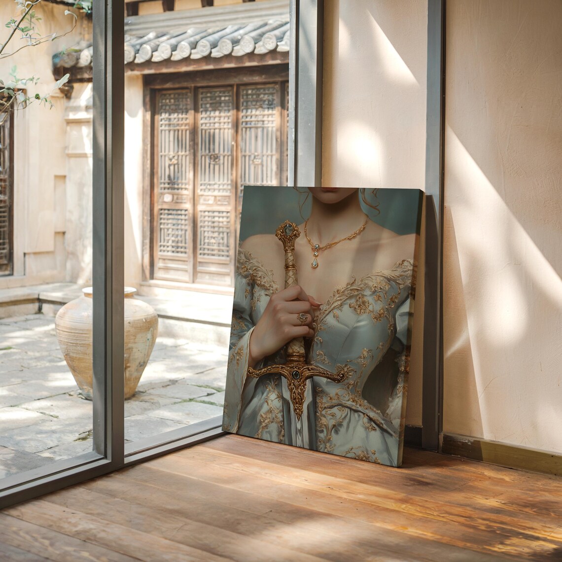 Elegant Woman in Blue Dress Holding Jeweled Sword Close Up Poster - Image 7
