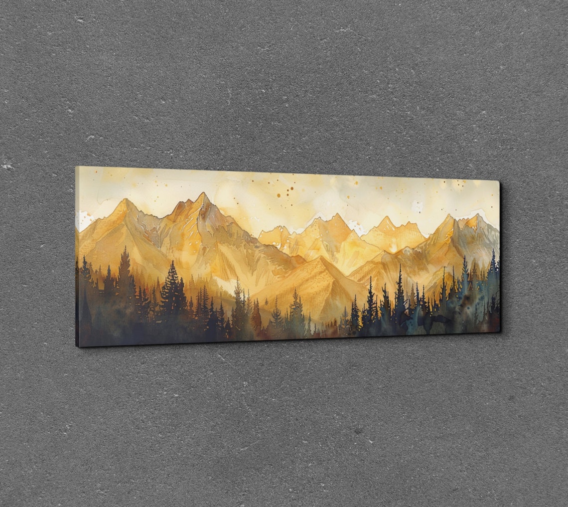 Golden Sunrise Over Mountain Peaks Panoramic Watercolor Poster - Image 3