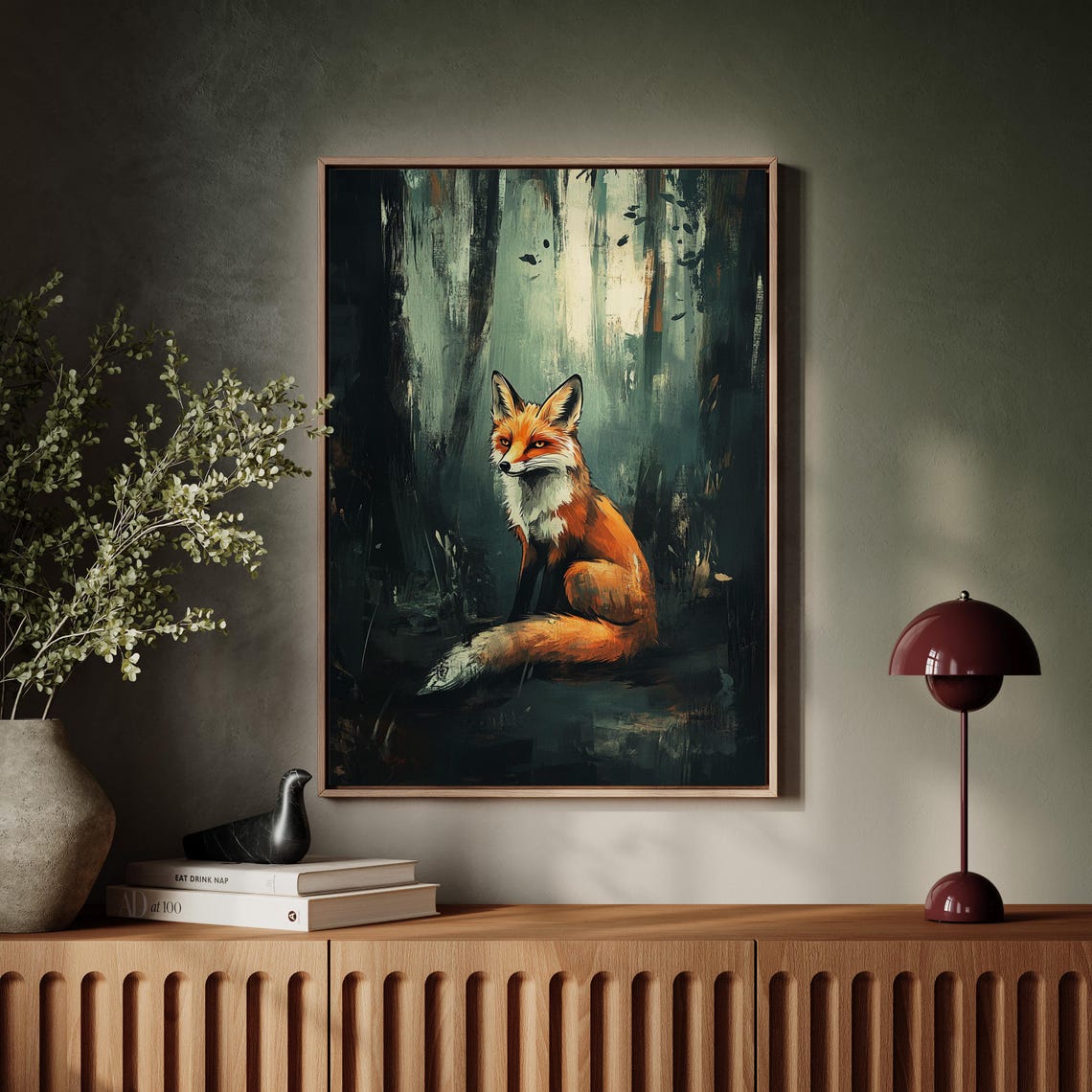 Red Fox Among Tall Dark Trees Painterly Woodland Wildlife Poster - Image 7
