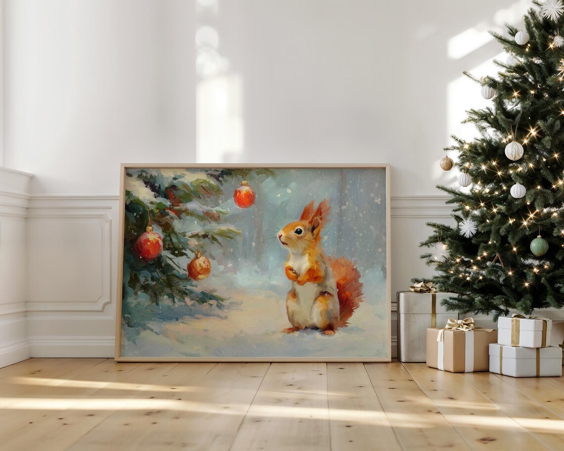 Curious Squirrel By Christmas Tree Art Print