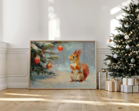 Curious Squirrel By Christmas Tree Art Print