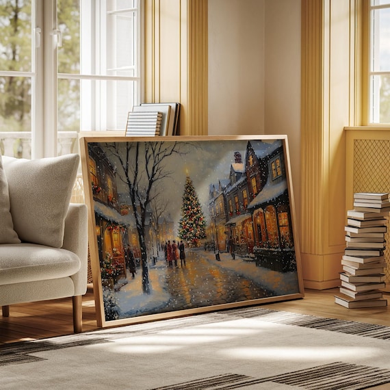 Vintage Christmas Town Poster, Snowy Village Scene
