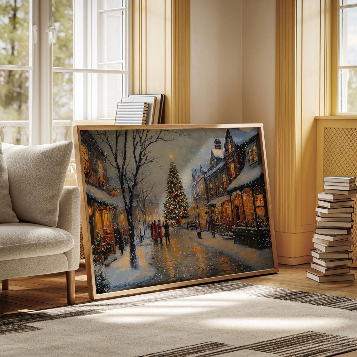 Vintage Christmas Town Poster, Snowy Village Scene