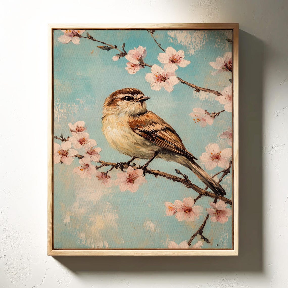 Sparrow Perched on Cherry Blossom Branch Pastel Teal Bird Art Print - Image 4