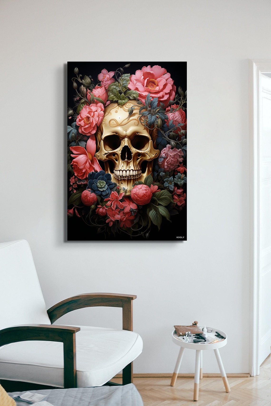 Golden Skull With Pink Flowers Day Of The Dead Gothic Art Poster - Image 7