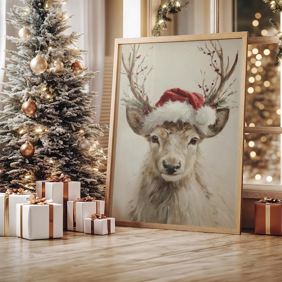 Festive Reindeer With Santa Hat Christmas Art Print