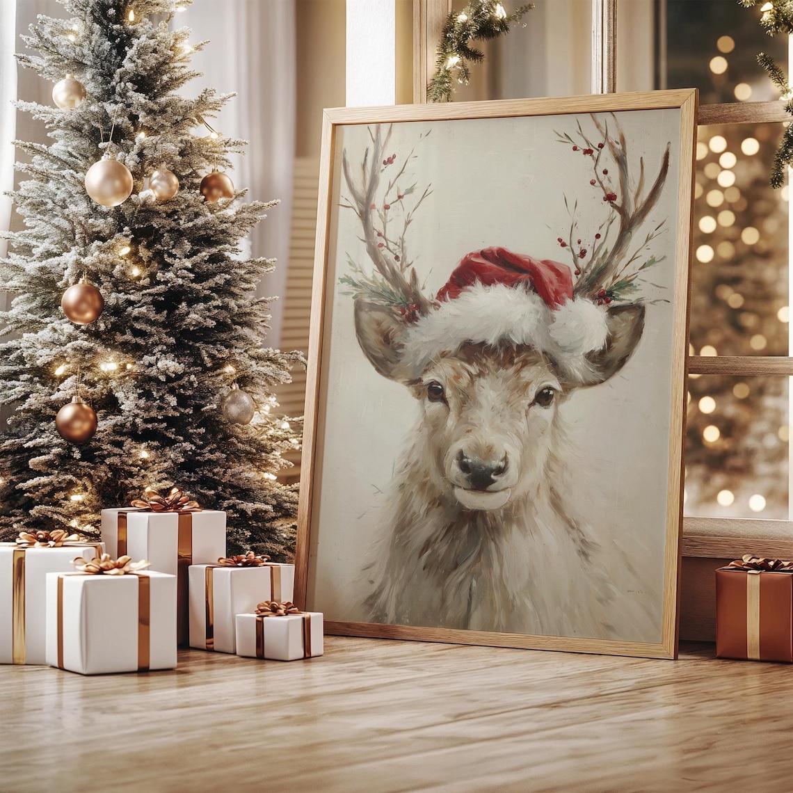 Festive Reindeer With Santa Hat Christmas Art Print
