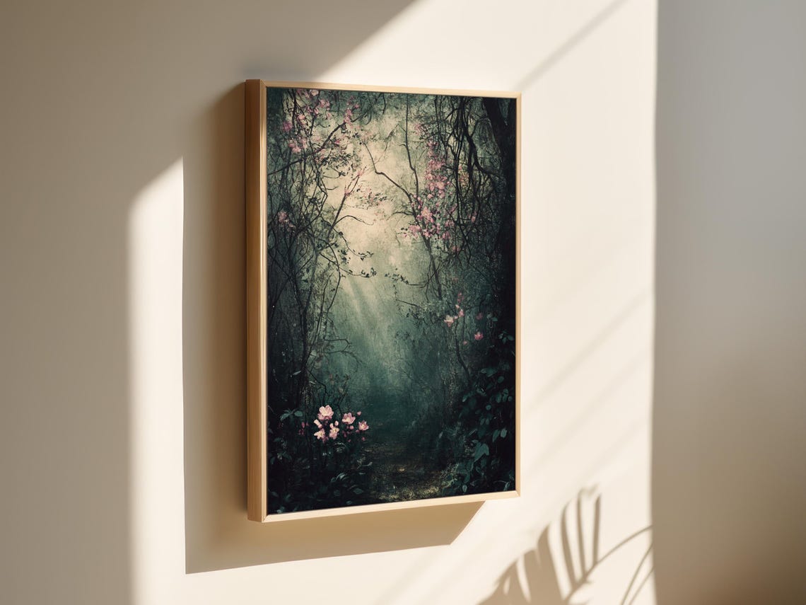 Enchanted Dark Forest Path With Pink Blossoms Mystical Green Wall Art - Image 4